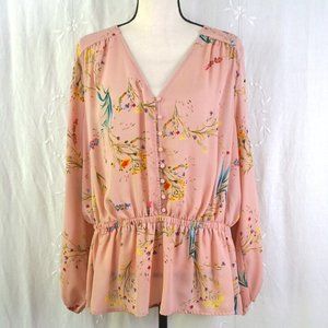 WORTHINGTON Peach Floral Print Chiffon Long Sleeve Peplum Blouse, Size XXL